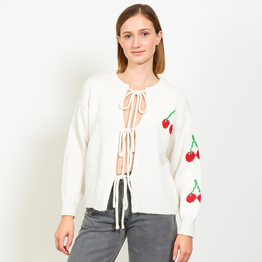 Weißer Kirschen Cardigan Damen – Strickjacke mit Schleifen