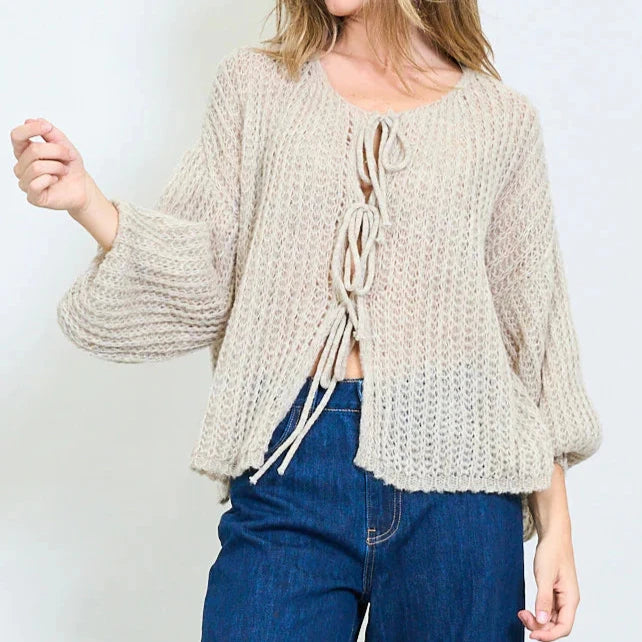 Luftiger Strick-Cardigan Damen – Offenes Design mit Bindedetail