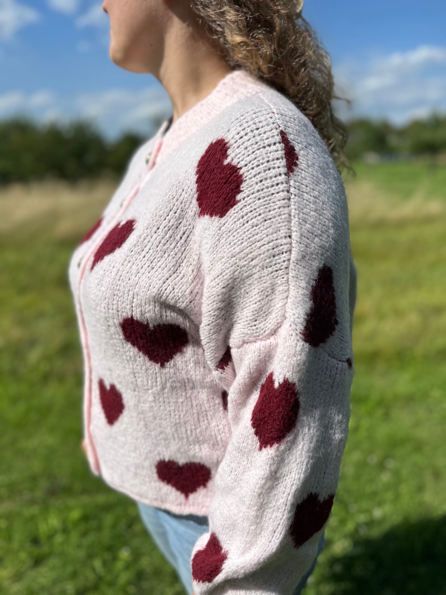 Pinker Herz Cardigan Damen – Weiche Strickjacke Oversized