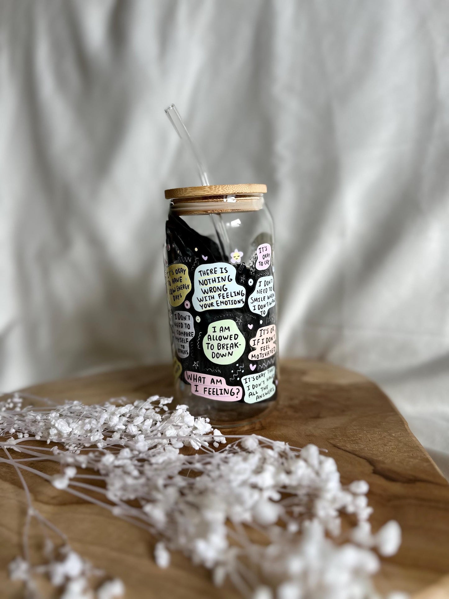 Mental Health Cup Tumbler Glas Geschenk Glas 20oz Trinkglas mit Strohhalm Mental Breakdown Cup Bambusdeckel Eiskaffee Glas Ice Coffee Cup