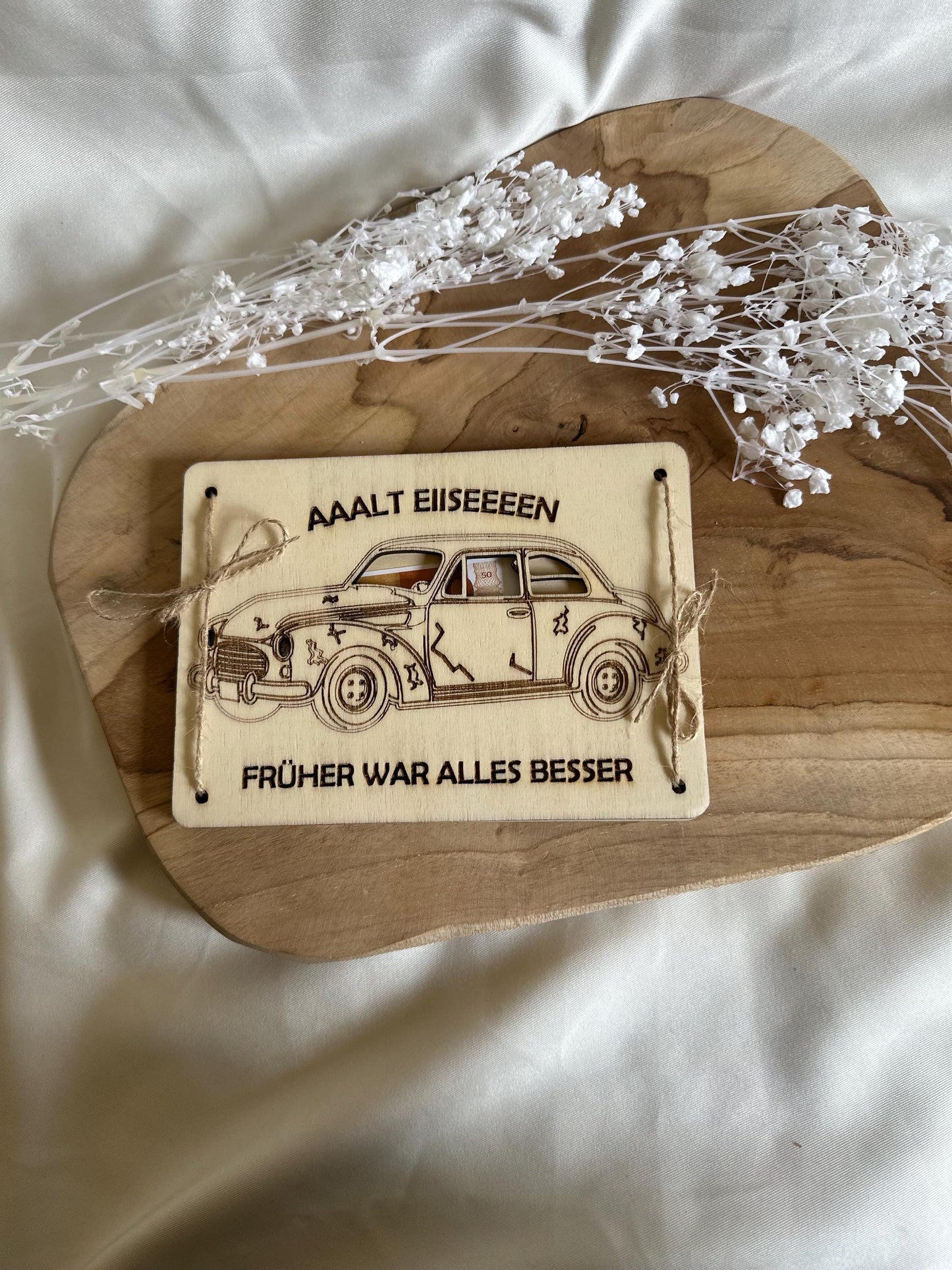 Geldgeschenk Alt Eisen Oldtimer Geldkarte Geburtstag Oldtimer Fan Karte aus Holz runder Geburtstag Geschenk Holz Geldgeschenk aus Holz