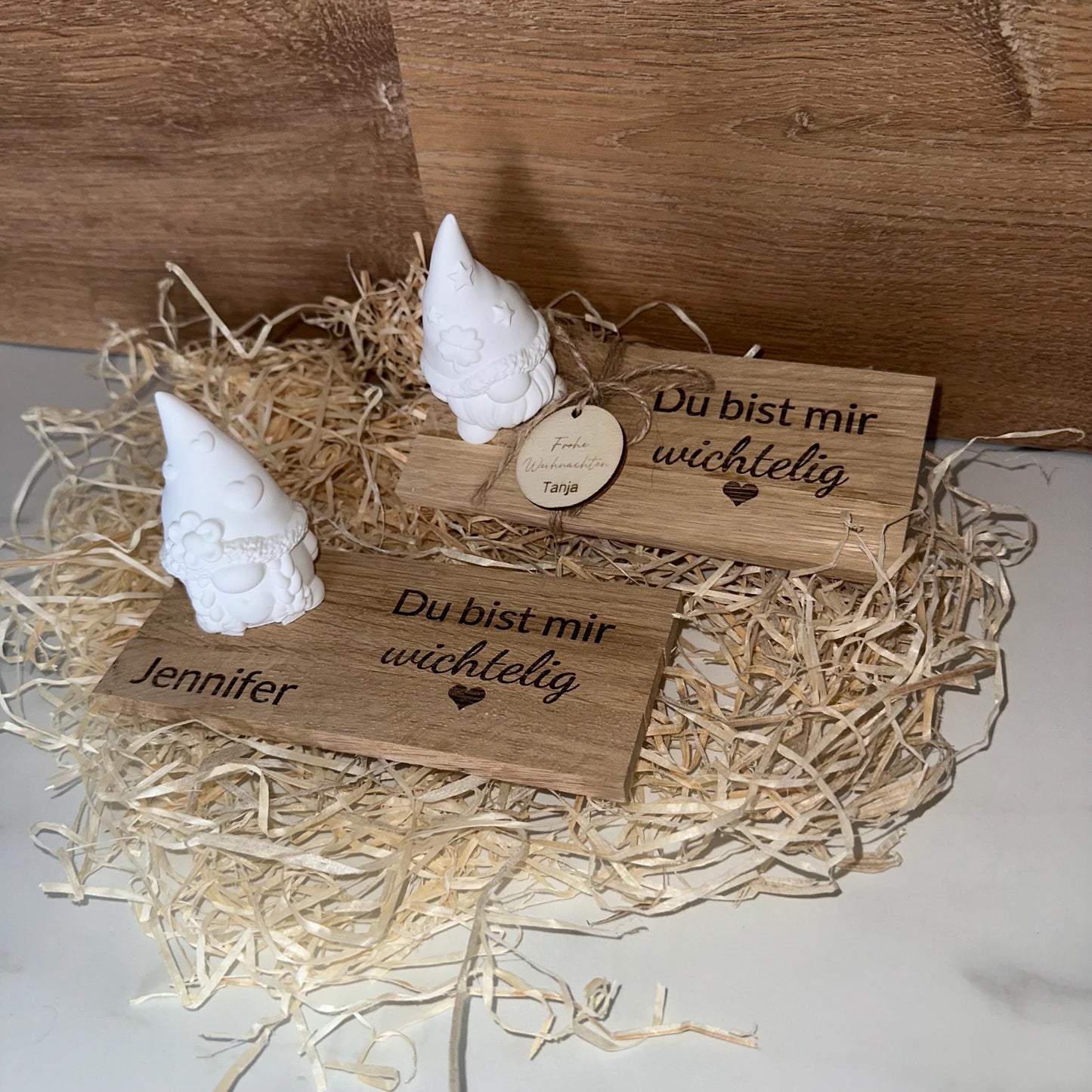 Wichtel aus Holz „Du bist mir wichtig“ | Graviertes Eichenholz mit Herz- oder Kleeblatt-Wichtel | Pesonalisiertes Geschenk
