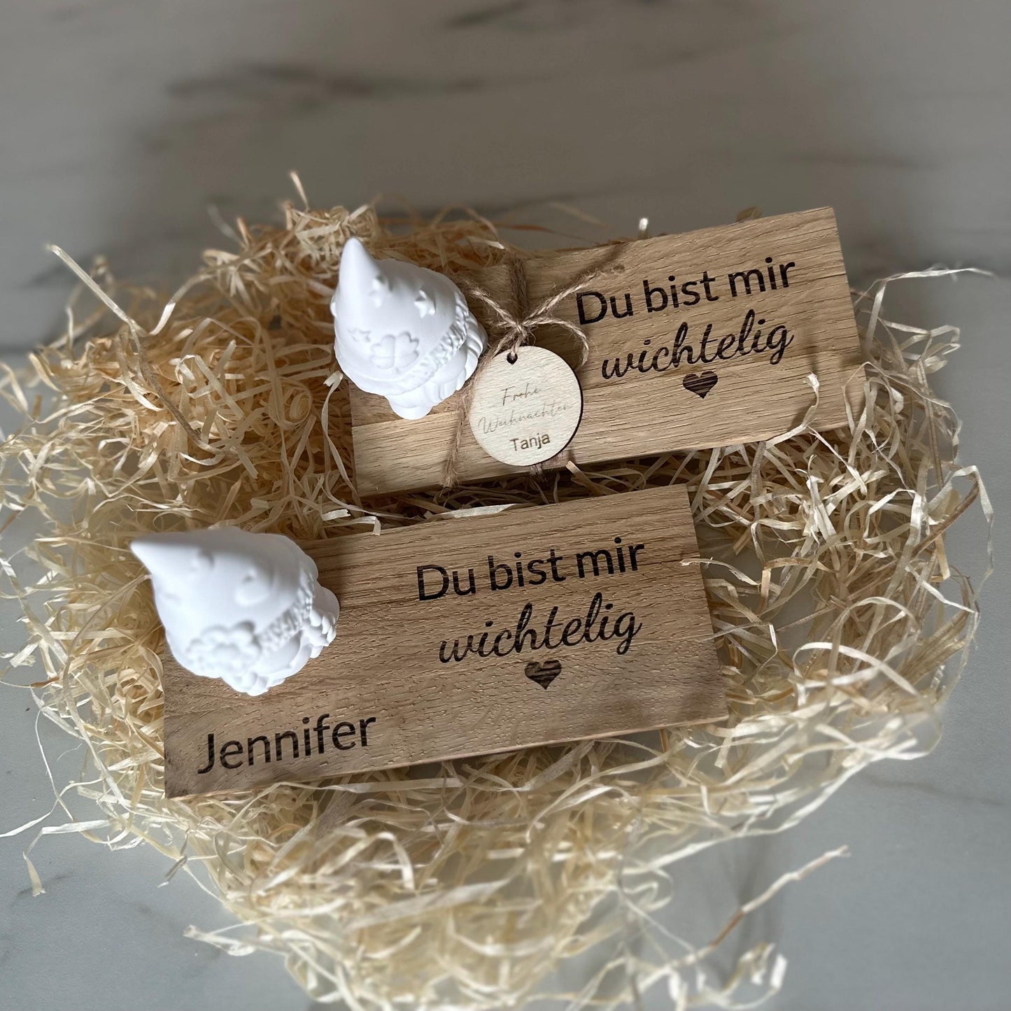Wichtel aus Holz „Du bist mir wichtig“ | Graviertes Eichenholz mit Herz- oder Kleeblatt-Wichtel | Pesonalisiertes Geschenk