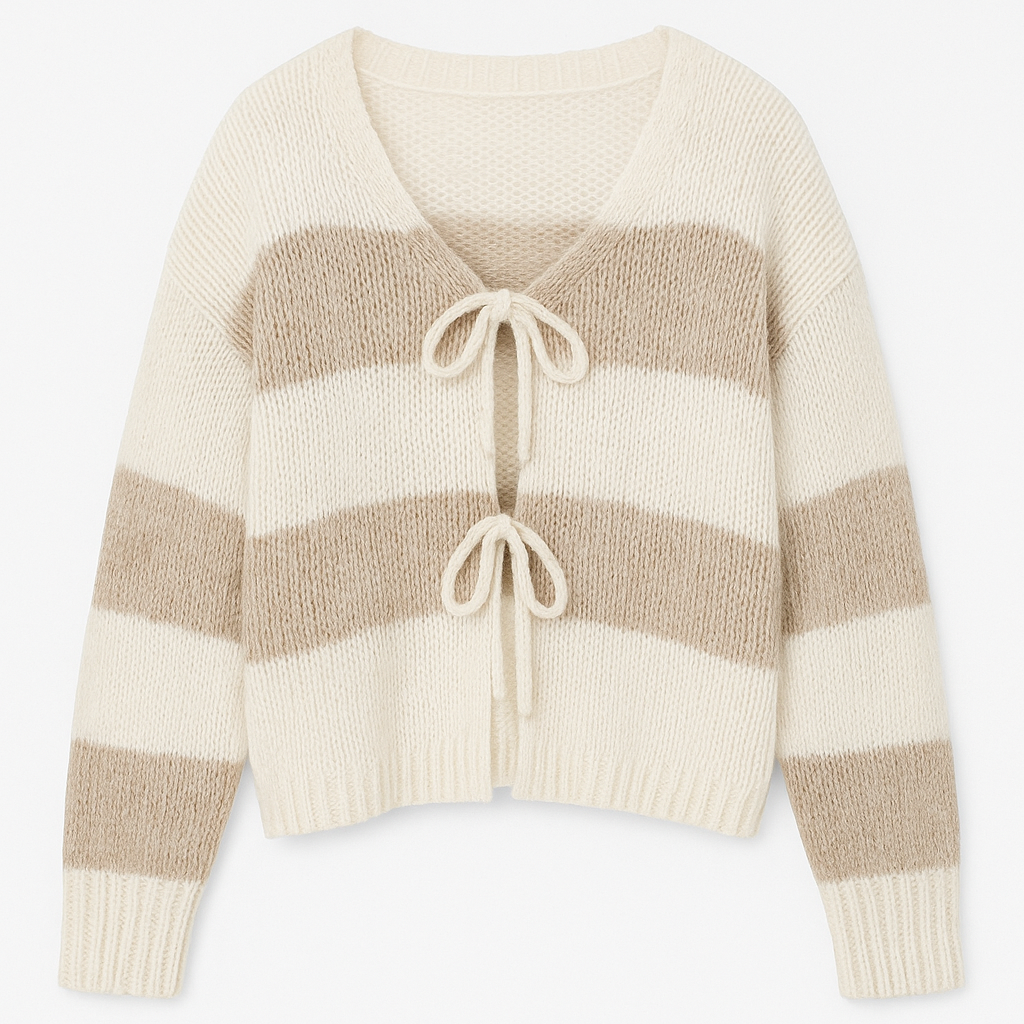 Gestreifter Cardigan Damen Beige Creme – Strickjacke Made in Italy