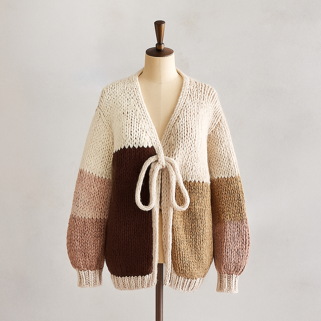 Patchwork Cardigan Damen Beige – Handstrick Optik & Ballonärmel