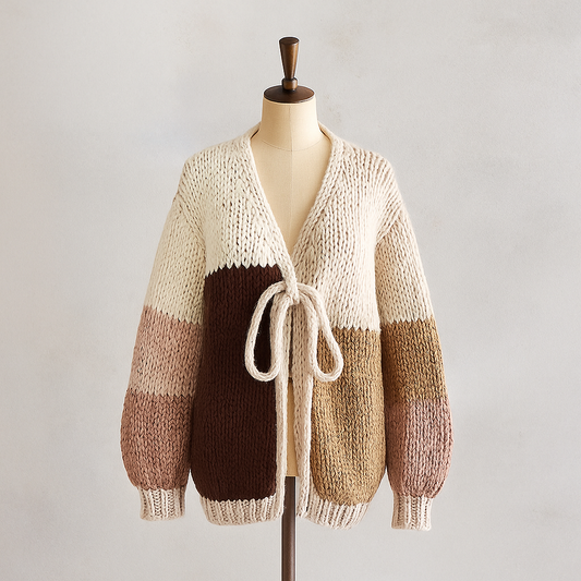 Patchwork Cardigan Damen Beige – Handstrick Optik & Ballonärmel