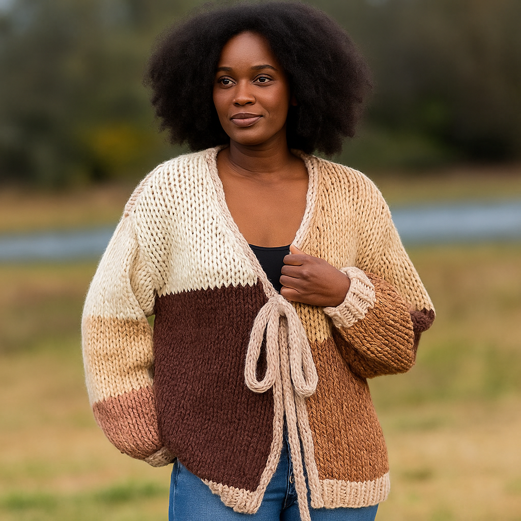 Patchwork Cardigan Damen Beige – Handstrick Optik & Ballonärmel