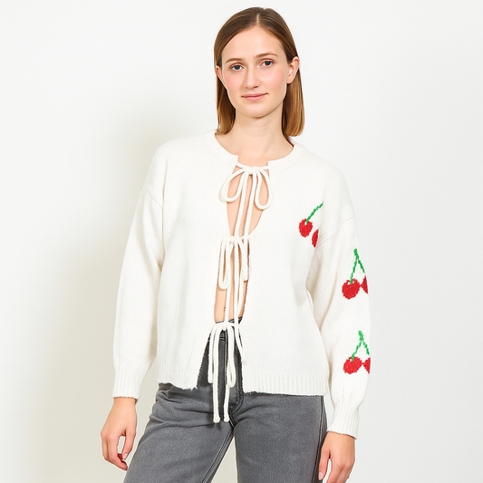 Weißer Kirschen Cardigan Damen – Strickjacke mit Schleifen