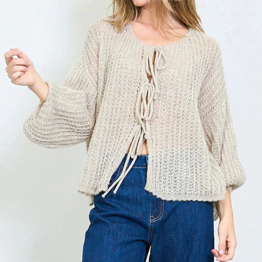 Luftiger Strick-Cardigan Damen – Offenes Design mit Bindedetail