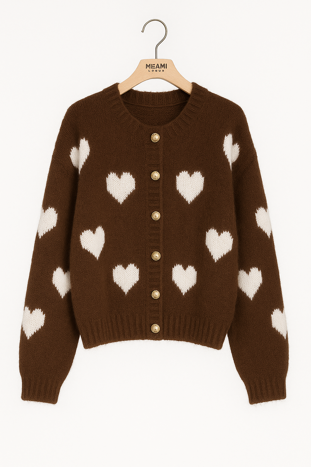 Oversize Strickcardigan Schokoladenbraun mit cremefarbenen Herzen – Kuschelig & stylisch