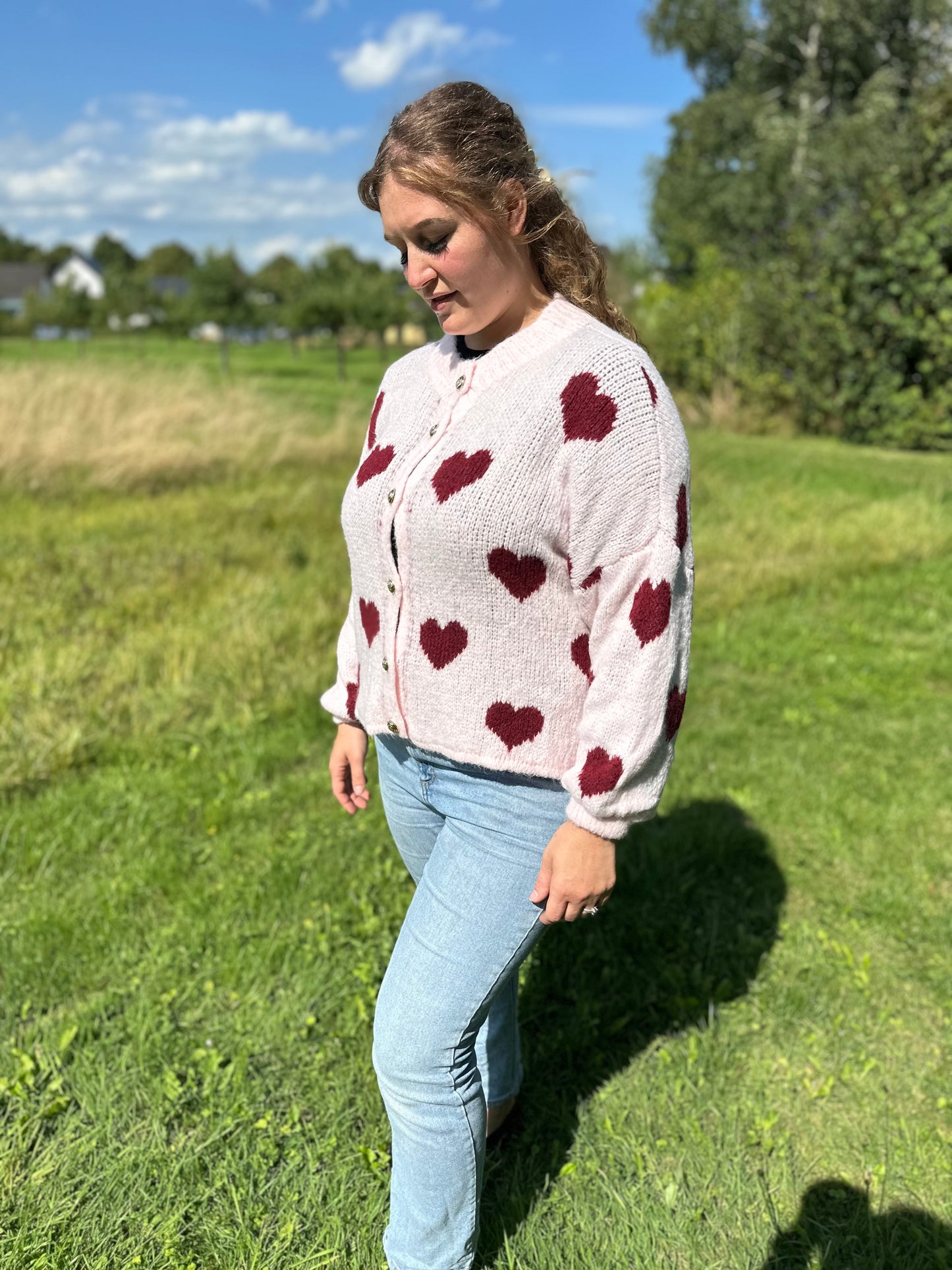 Pinker  Herz Cardigan Damen – Weiche Strickjacke Oversized