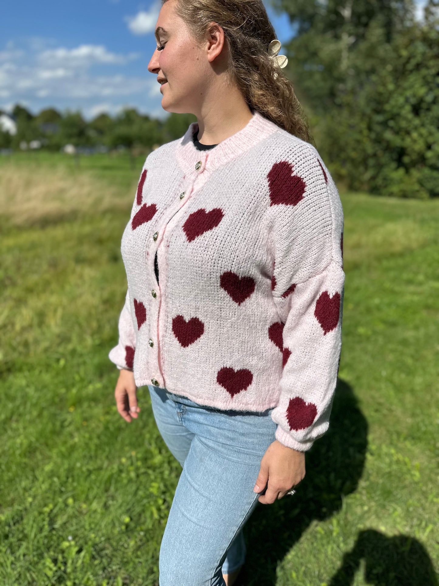 Pinker  Herz Cardigan Damen – Weiche Strickjacke Oversized