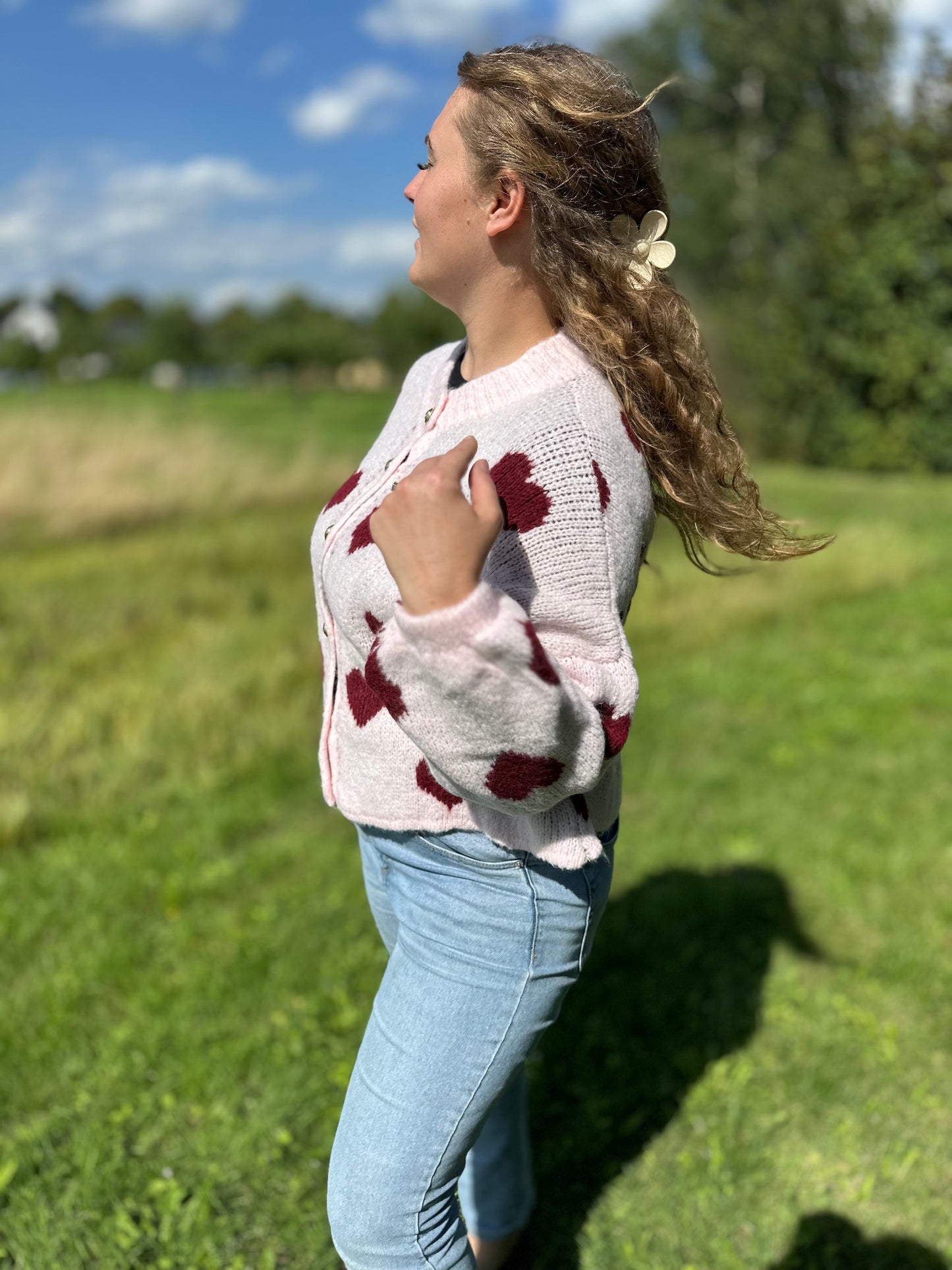 Pinker  Herz Cardigan Damen – Weiche Strickjacke Oversized