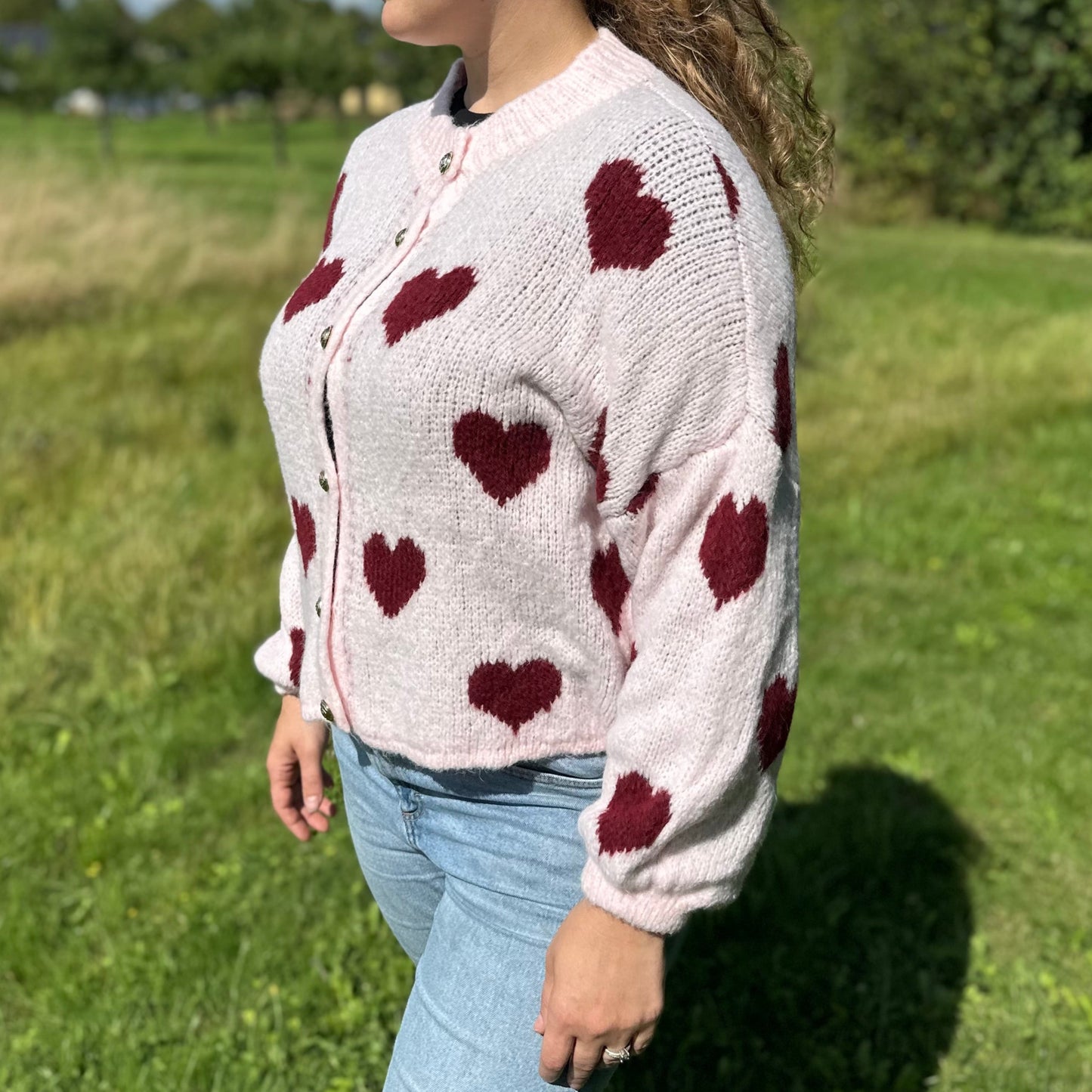 Pinker  Herz Cardigan Damen – Weiche Strickjacke Oversized