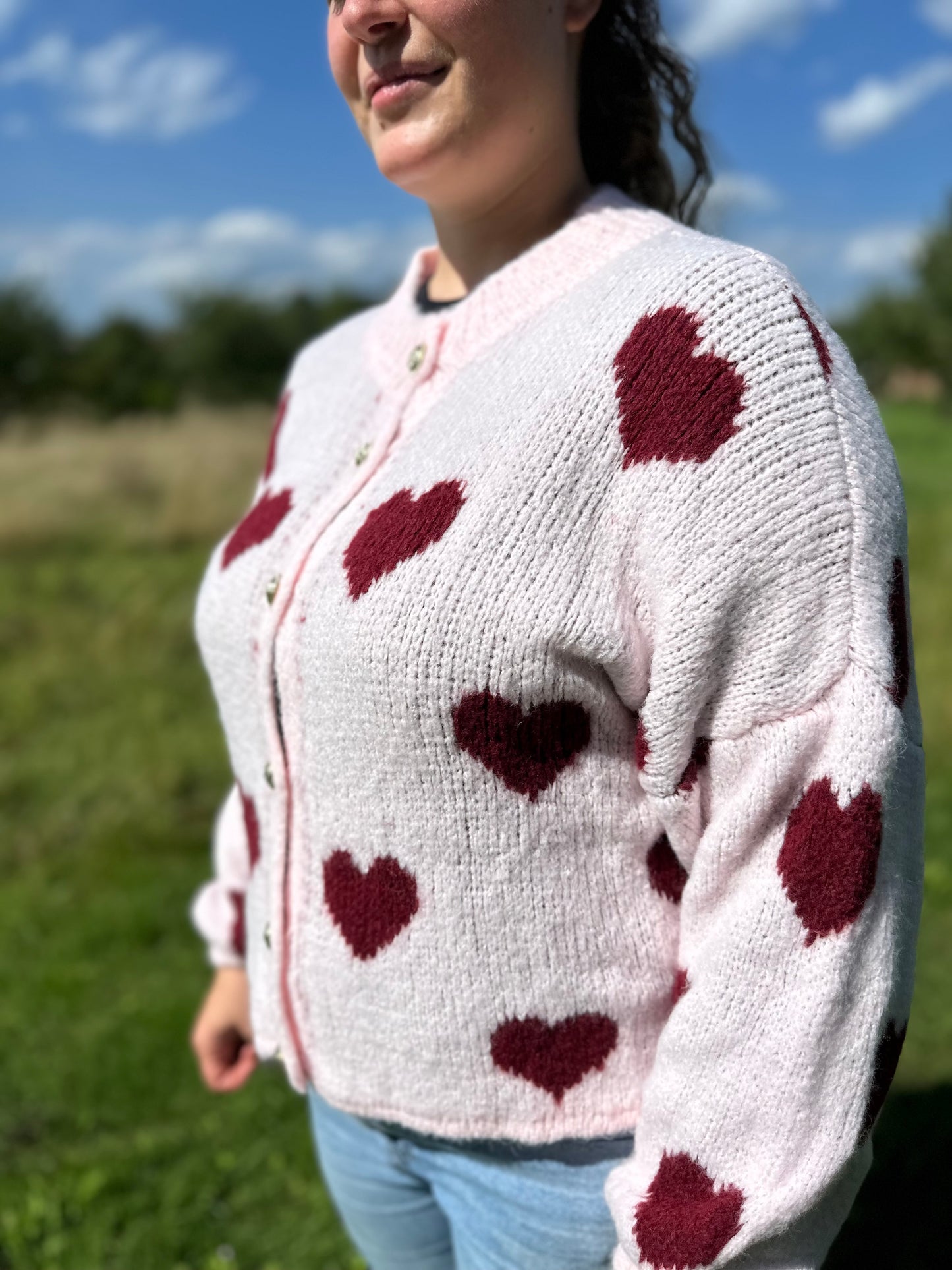 Pinker  Herz Cardigan Damen – Weiche Strickjacke Oversized