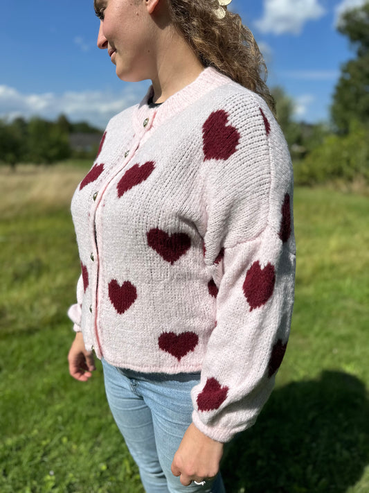 Pinker  Herz Cardigan Damen – Weiche Strickjacke Oversized
