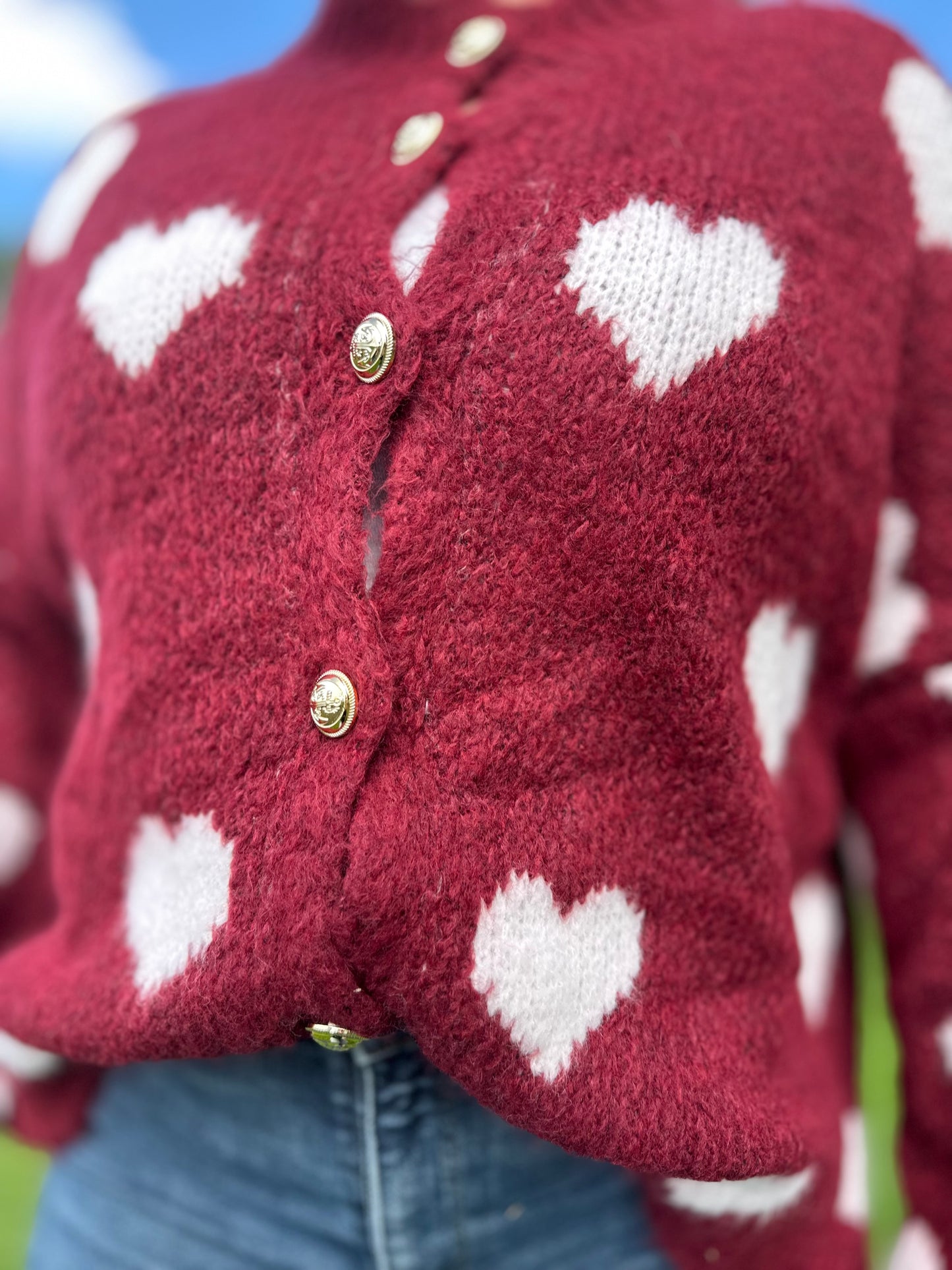 Bordeauxroter Herz Cardigan Damen – Oversized Strickjacke mit Herzmuster