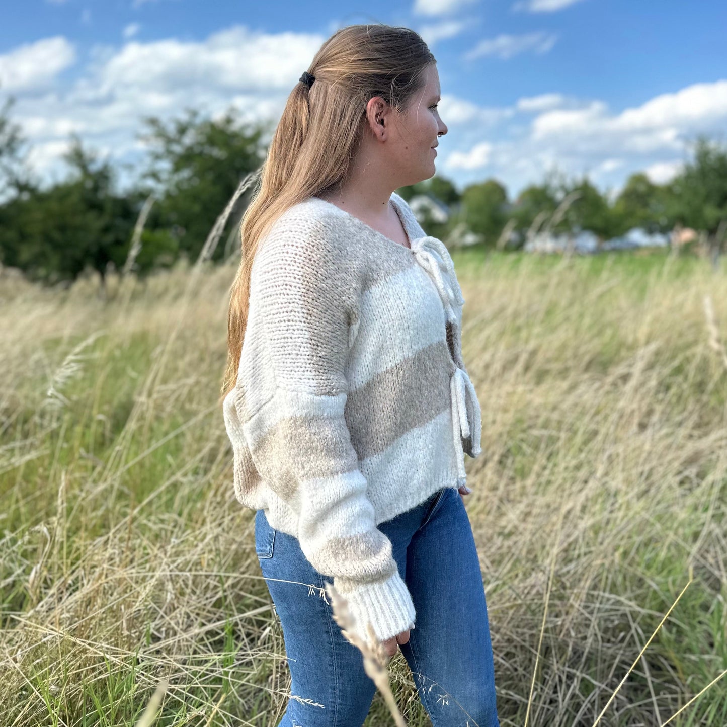 Gestreifter Cardigan Damen Beige Creme – Strickjacke Made in Italy