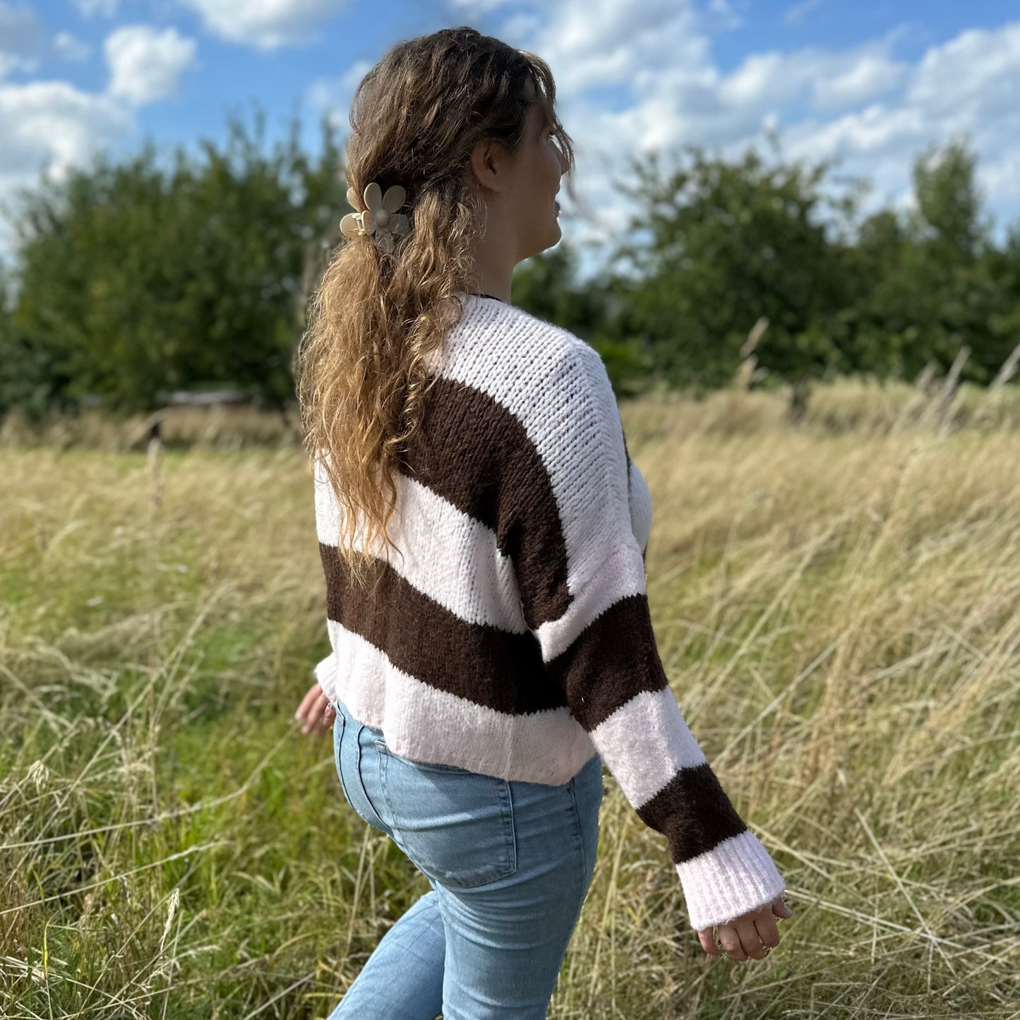 Gestreifter Cardigan Damen Rosa Braun – Kuschelige Strickjacke