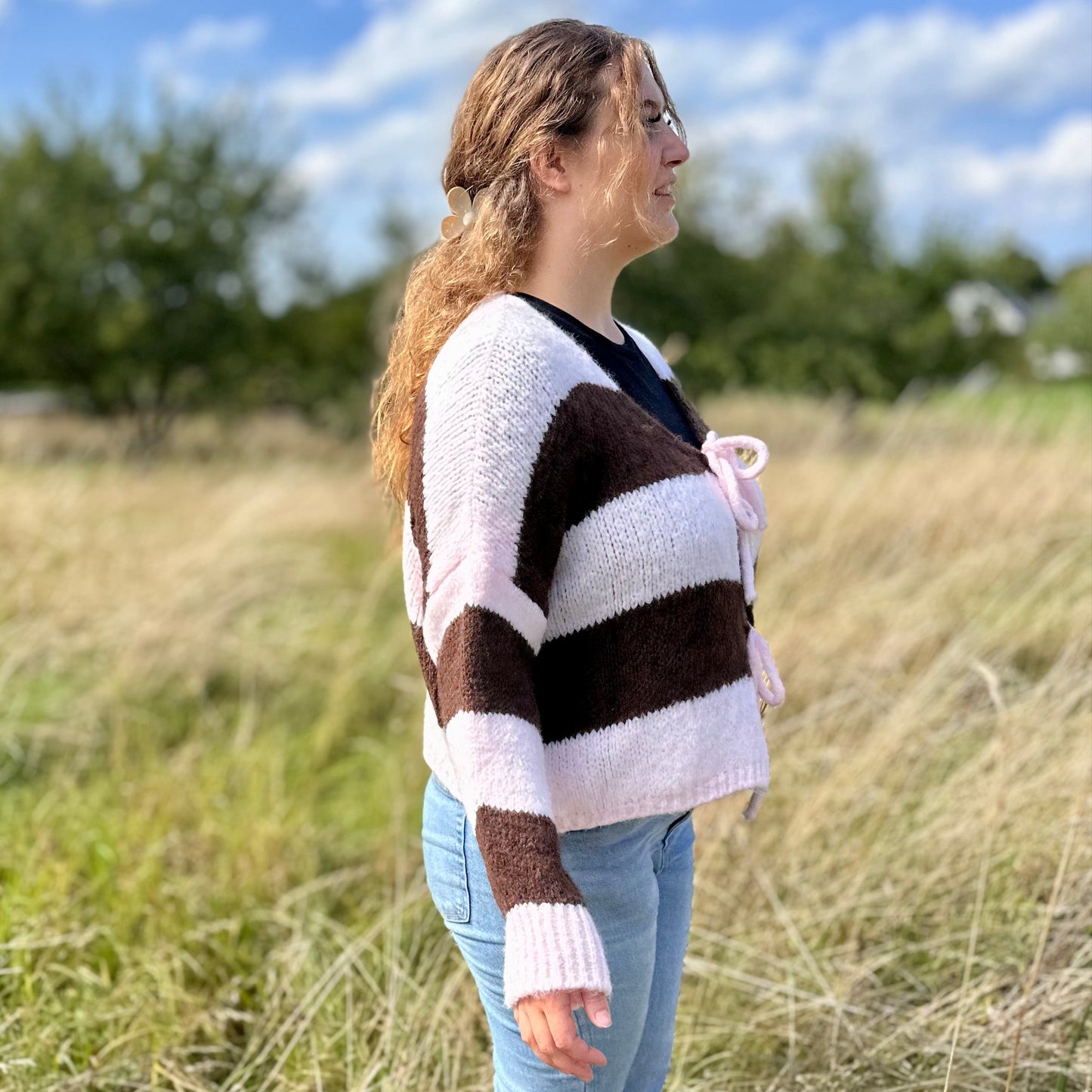 Gestreifter Cardigan Damen Rosa Braun – Kuschelige Strickjacke