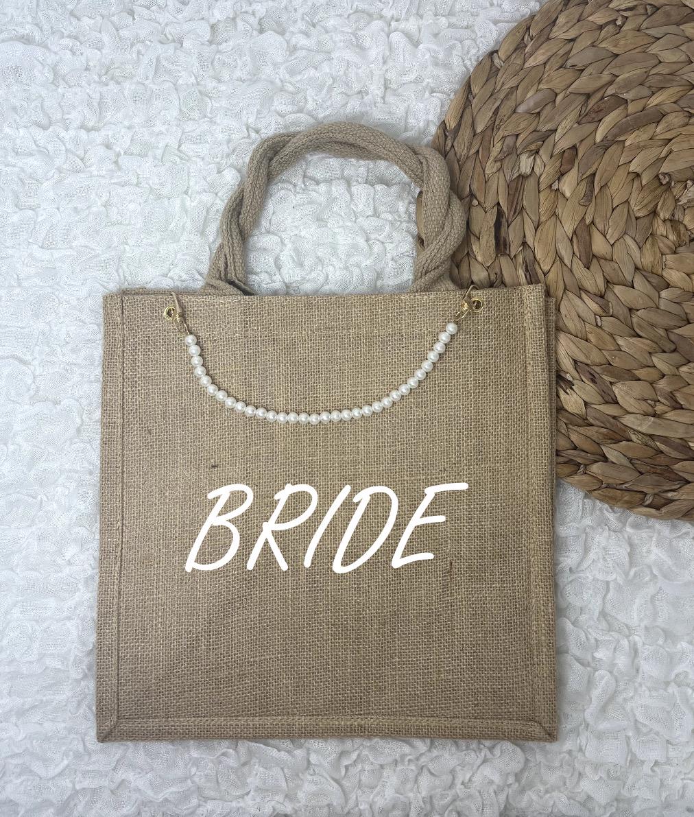 Bride Braut Jutetasche in Natur oder Schwarz mit goldener Perlenkette - Geschenk Tasche - Hochzeit - Freundin - Geschenkidee - Elegant Edel