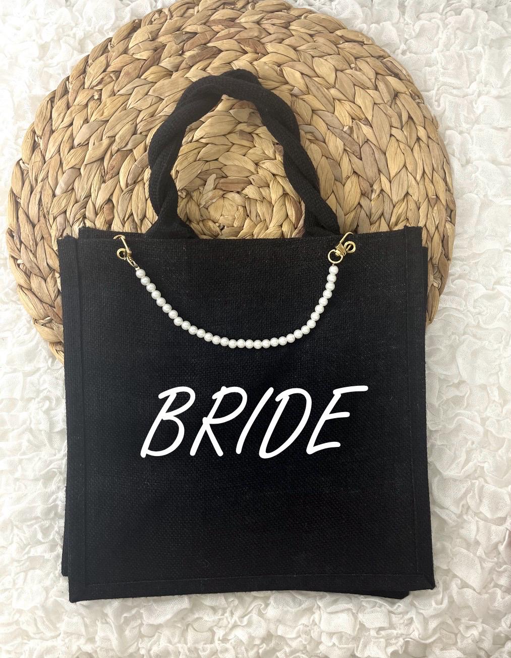 Bride Braut Jutetasche in Natur oder Schwarz mit goldener Perlenkette - Geschenk Tasche - Hochzeit - Freundin - Geschenkidee - Elegant Edel