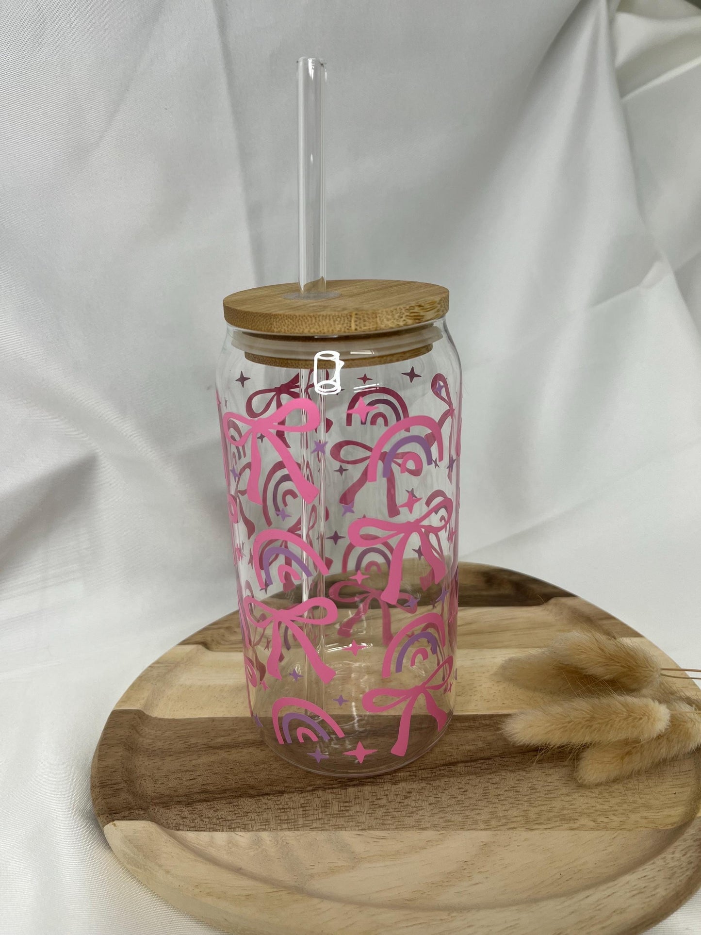Tumbler Glas Geschenk Bow Schleife Trinkglas Girly rosa pink Rainbow Glas 20oz Trinkglas mit Strohhalm Geschenk für Sie Bambusdeckel