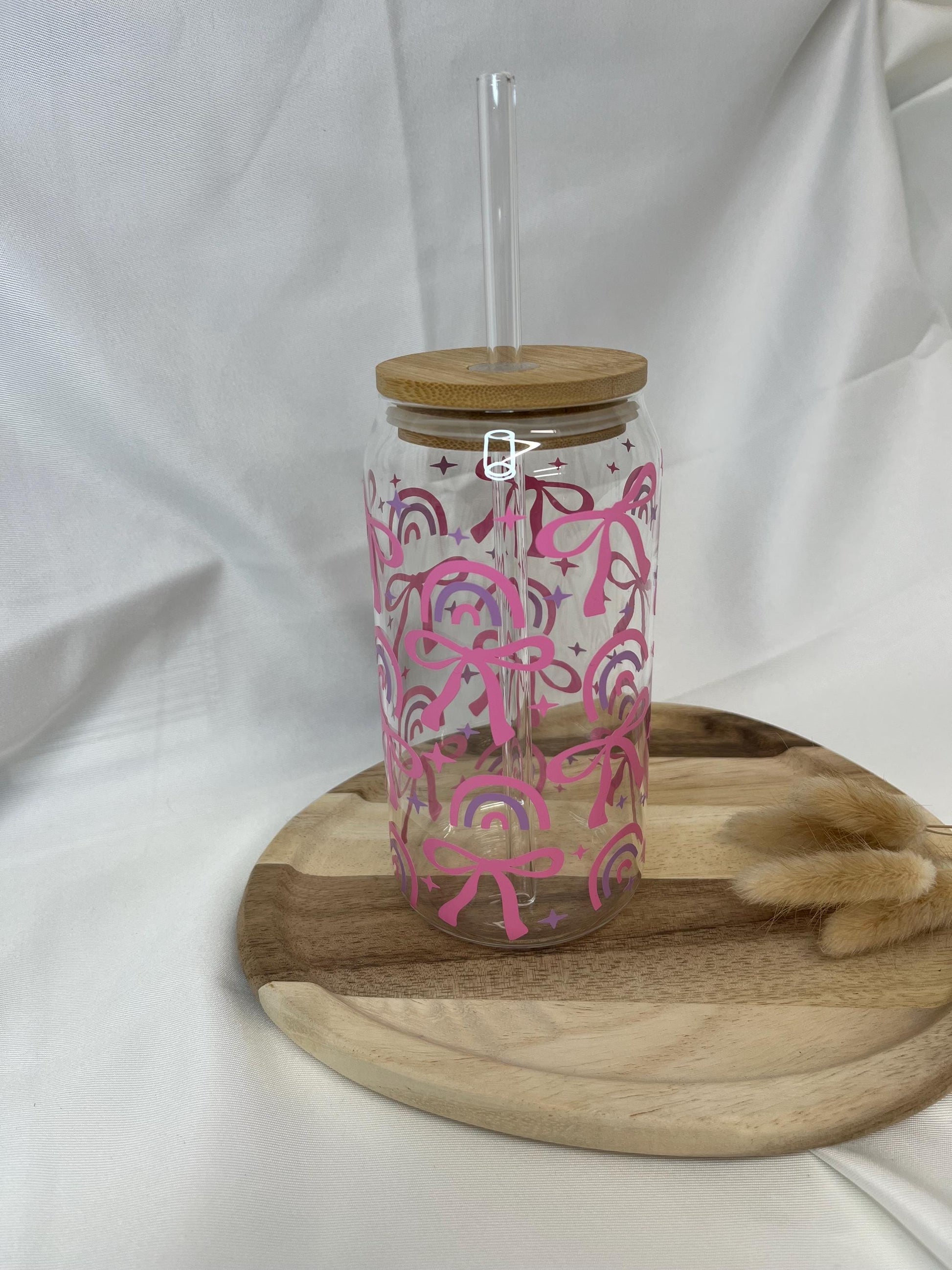 Tumbler Glas Geschenk Bow Schleife Trinkglas Girly rosa pink Rainbow Glas 20oz Trinkglas mit Strohhalm Geschenk für Sie Bambusdeckel