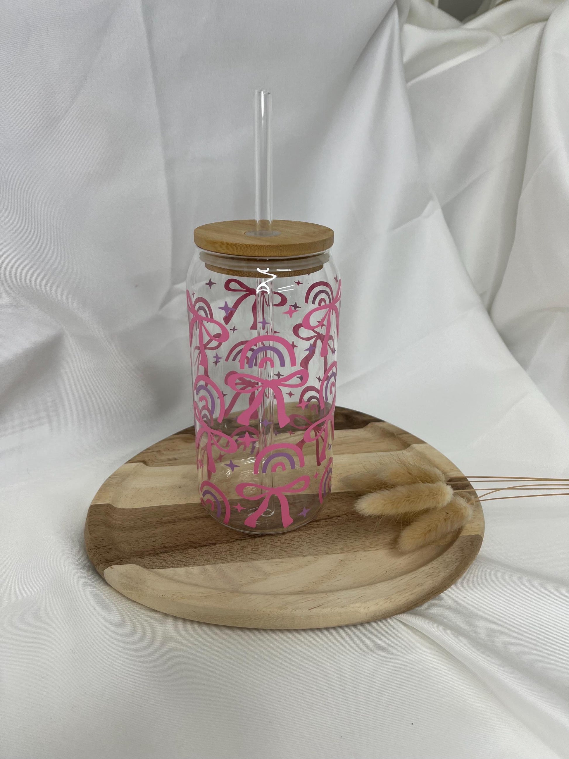 Tumbler Glas Geschenk Bow Schleife Trinkglas Girly rosa pink Rainbow Glas 20oz Trinkglas mit Strohhalm Geschenk für Sie Bambusdeckel