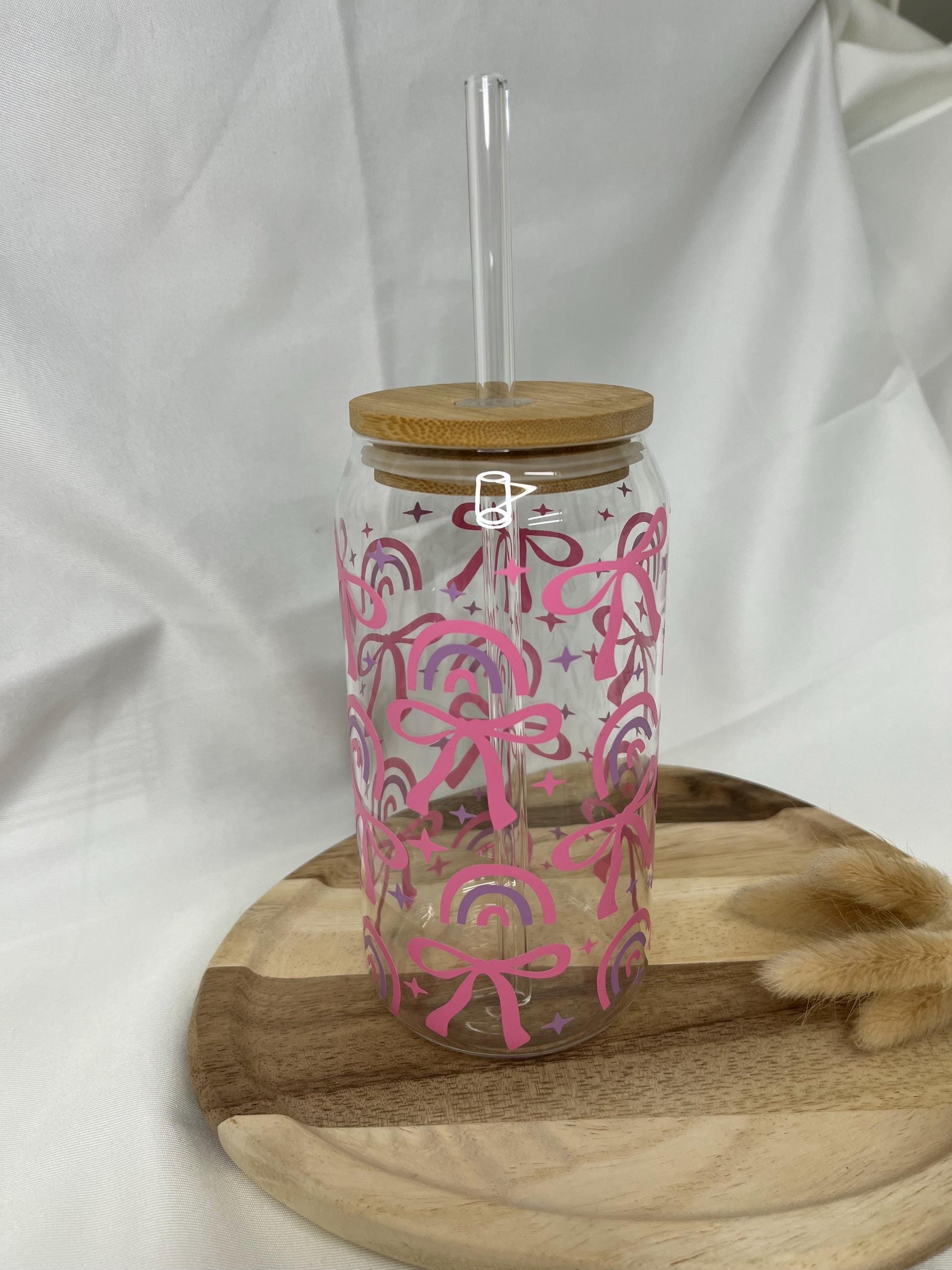 Tumbler Glas Geschenk Bow Schleife Trinkglas Girly rosa pink Rainbow Glas 20oz Trinkglas mit Strohhalm Geschenk für Sie Bambusdeckel