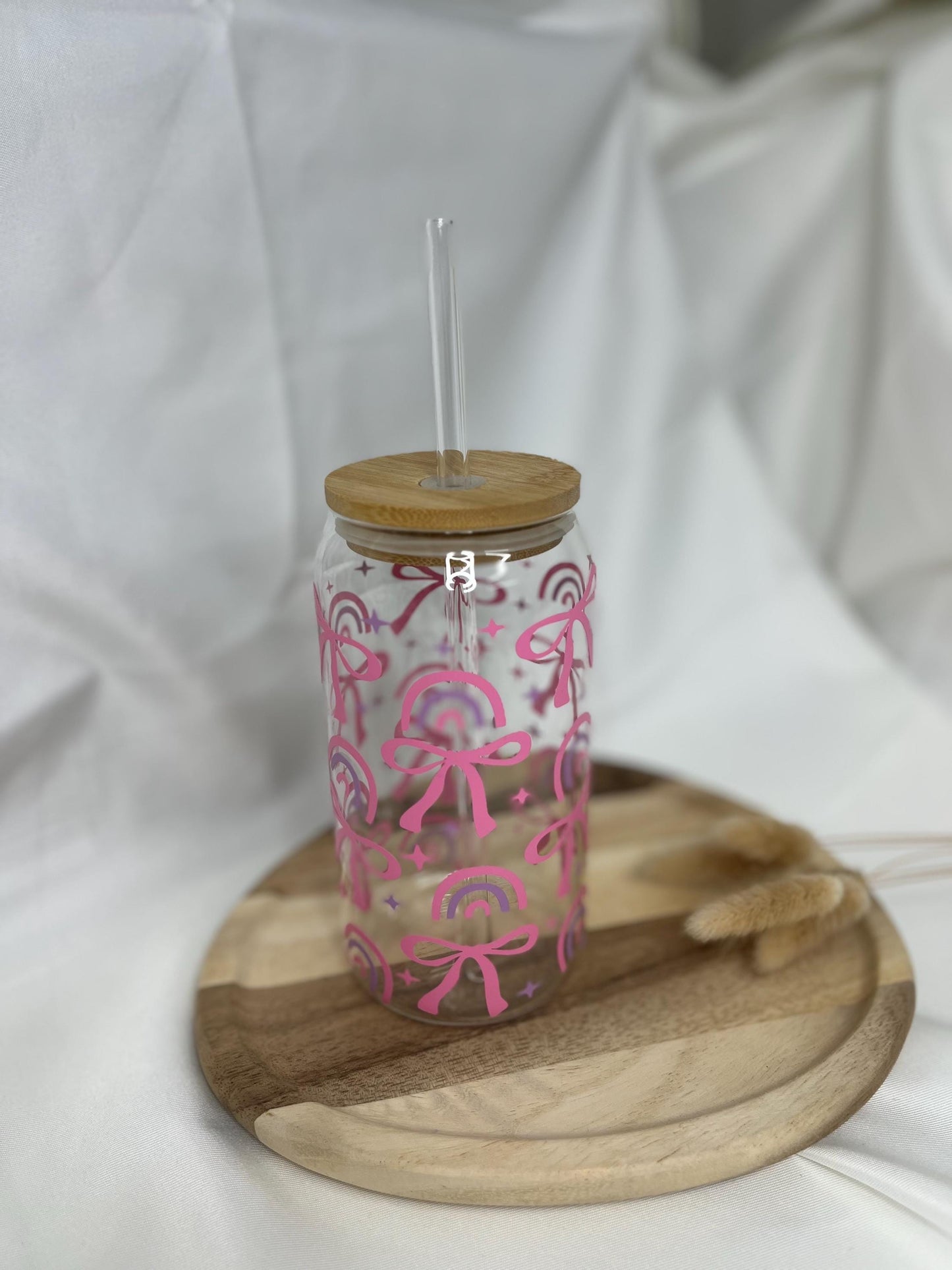 Tumbler Glas Geschenk Bow Schleife Trinkglas Girly rosa pink Rainbow Glas 20oz Trinkglas mit Strohhalm Geschenk für Sie Bambusdeckel
