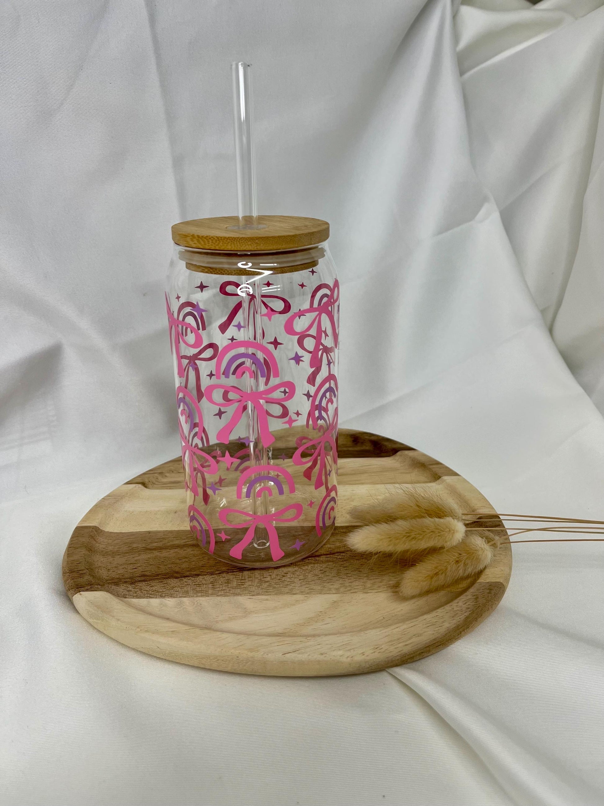 Tumbler Glas Geschenk Bow Schleife Trinkglas Girly rosa pink Rainbow Glas 20oz Trinkglas mit Strohhalm Geschenk für Sie Bambusdeckel