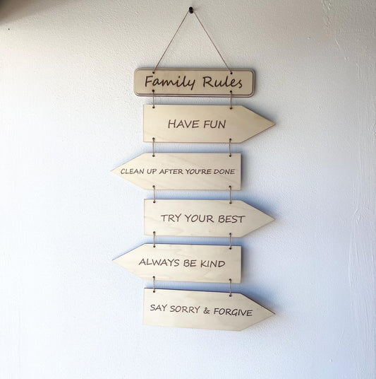 Familienschild Familienregeln Wanddeko Family Rules Holzschild personalisiert zum Aufhängen Hochzeitsgeschenk Einweihungsgeschenk Patchwork