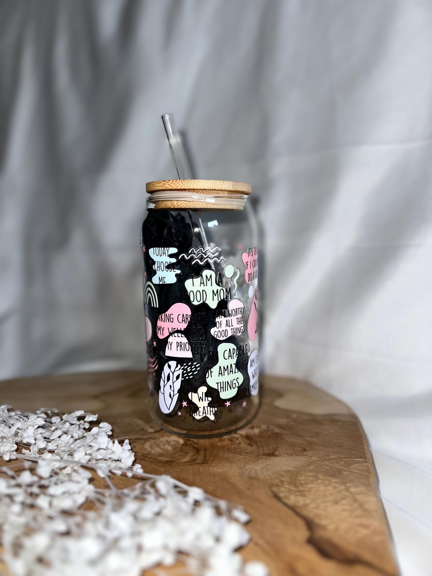 Mental Health Cup Tumbler Mom Affirmationen Trinkglas mit Bambusdeckel für Mamas Tumbler Mama Glas Geschenk 20oz Trinkglas mit Strohhalm