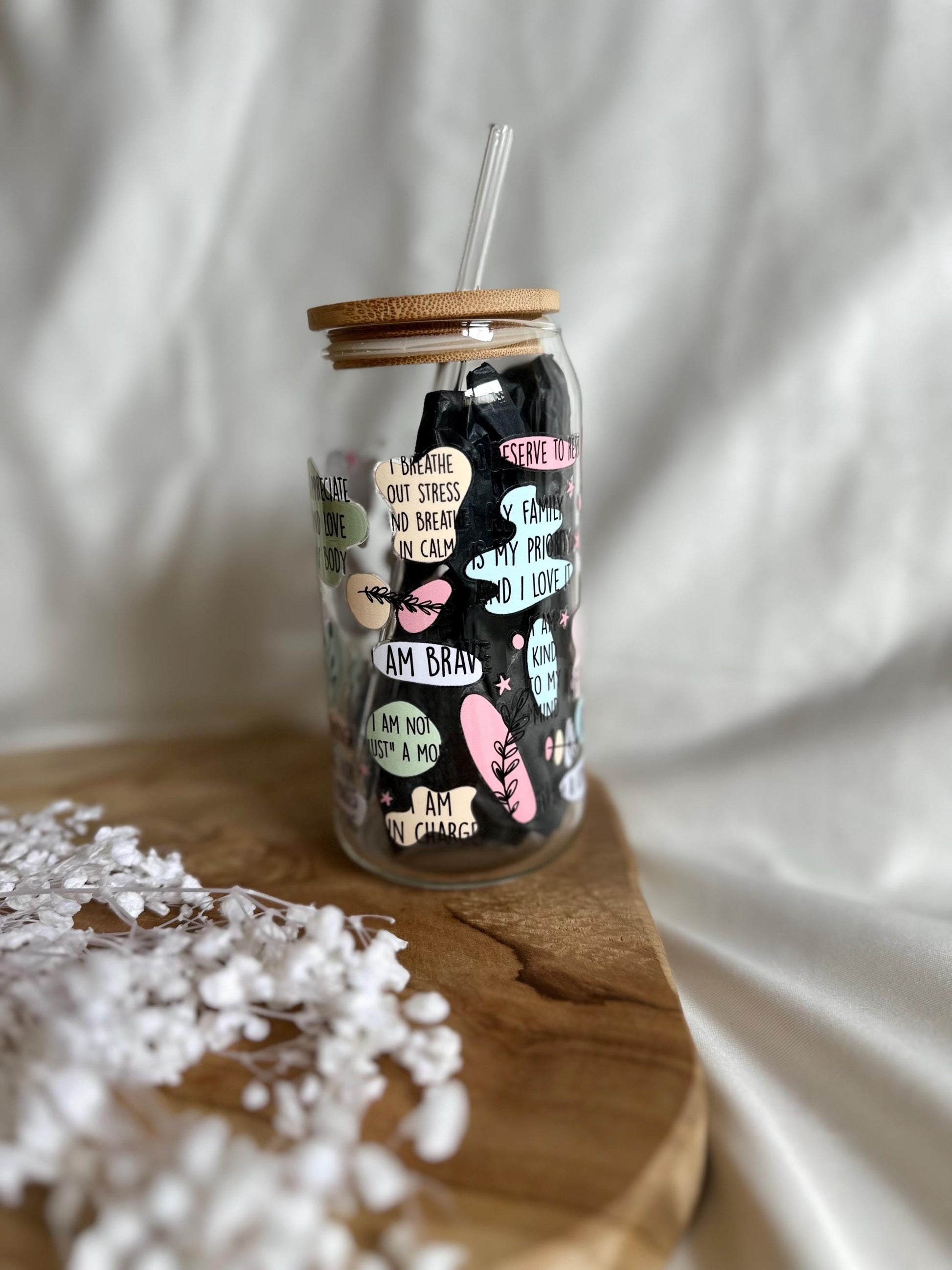 Mental Health Cup Tumbler Mom Affirmationen Trinkglas mit Bambusdeckel für Mamas Tumbler Mama Glas Geschenk 20oz Trinkglas mit Strohhalm