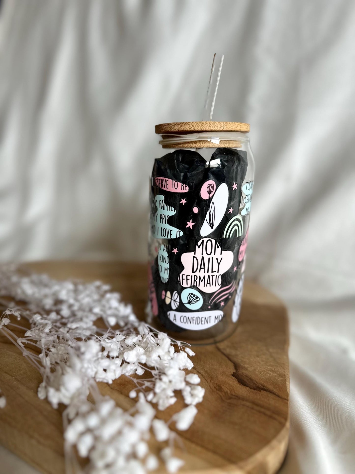 Mental Health Cup Tumbler Mom Affirmationen Trinkglas mit Bambusdeckel für Mamas Tumbler Mama Glas Geschenk 20oz Trinkglas mit Strohhalm