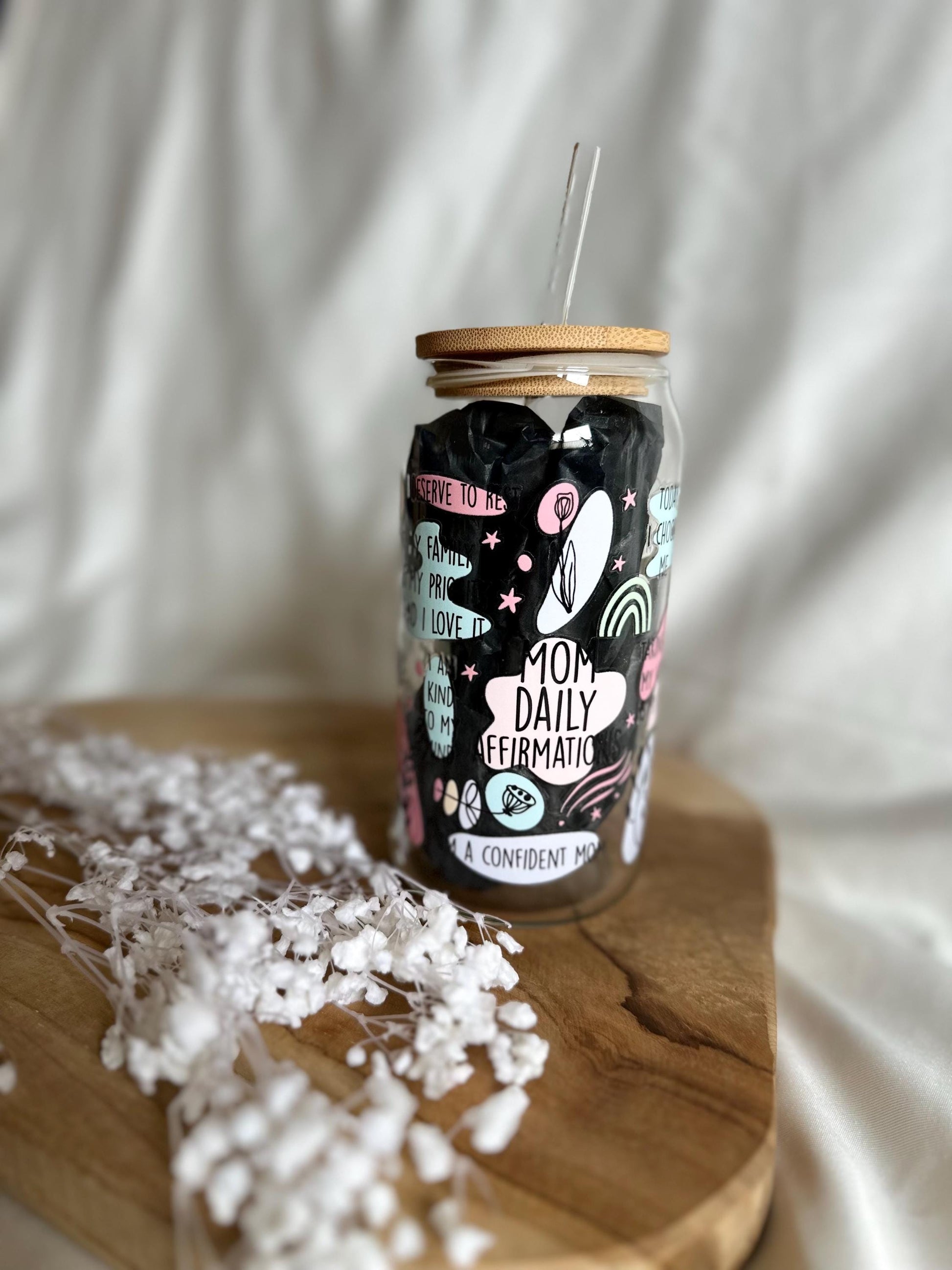 Mental Health Cup Tumbler Mom Affirmationen Trinkglas mit Bambusdeckel für Mamas Tumbler Mama Glas Geschenk 20oz Trinkglas mit Strohhalm