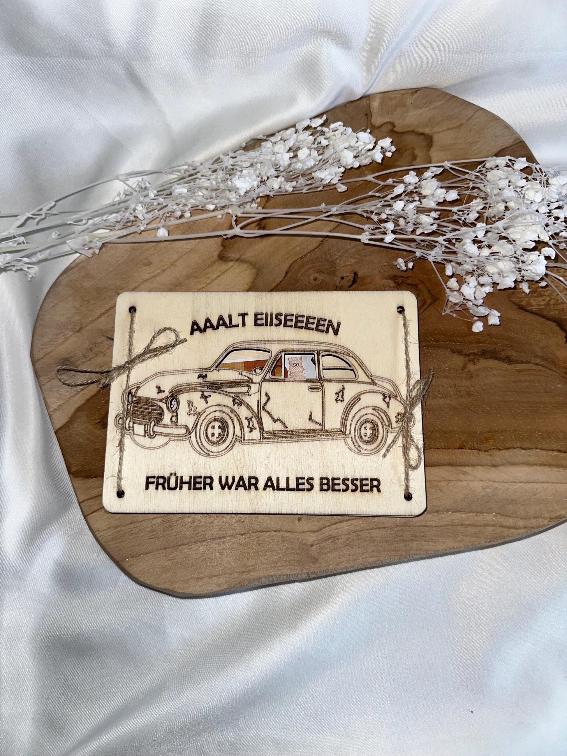 Geldgeschenk Alt Eisen Oldtimer Geldkarte Geburtstag Oldtimer Fan Karte aus Holz runder Geburtstag Geschenk Holz Geldgeschenk aus Holz