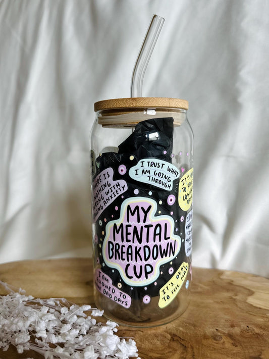 Mental Health Cup Tumbler Glas Geschenk Glas 20oz Trinkglas mit Strohhalm Mental Breakdown Cup Bambusdeckel Eiskaffee Glas Ice Coffee Cup