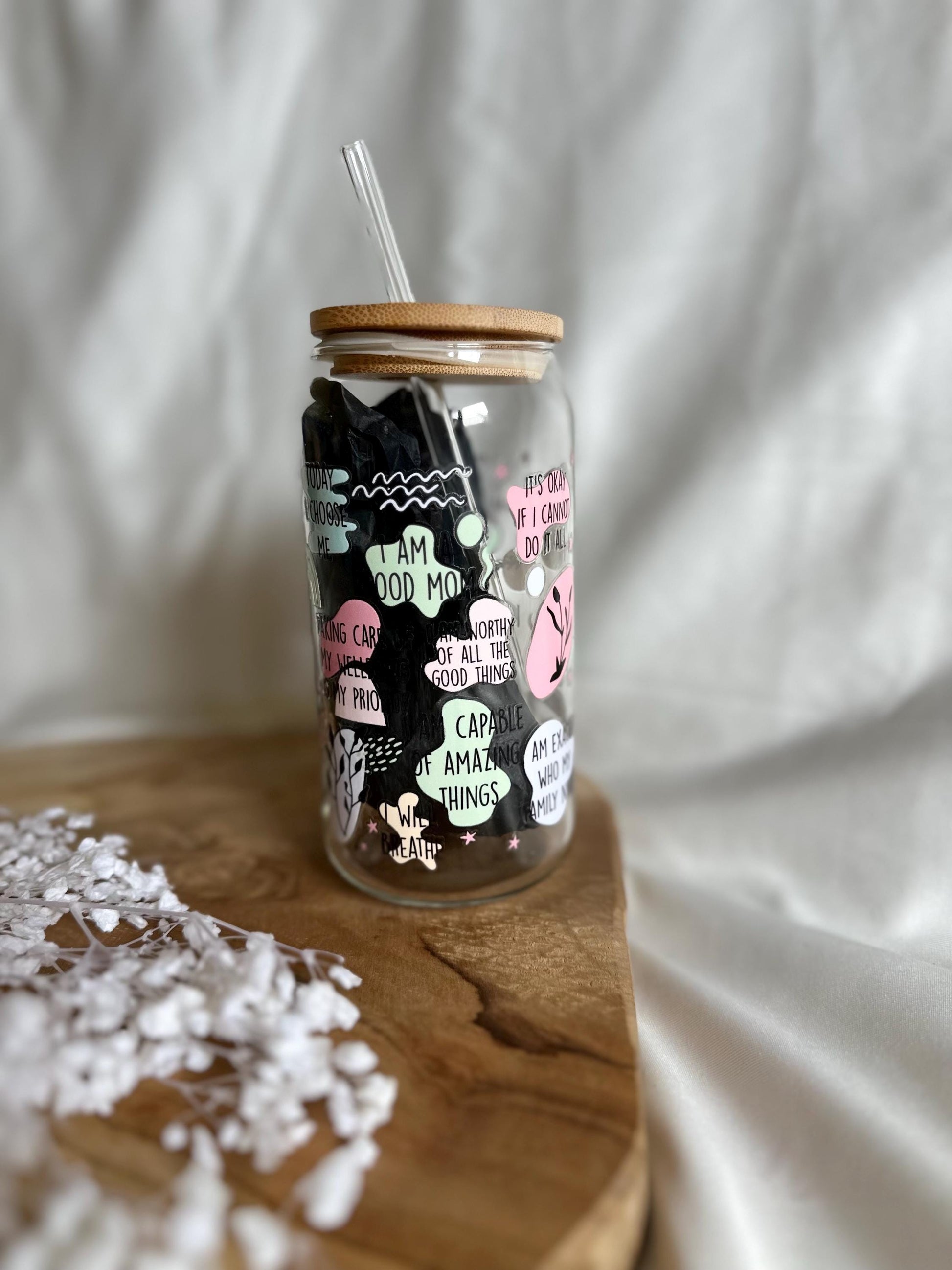 Mental Health Cup Tumbler Mom Affirmationen Trinkglas mit Bambusdeckel für Mamas Tumbler Mama Glas Geschenk 20oz Trinkglas mit Strohhalm