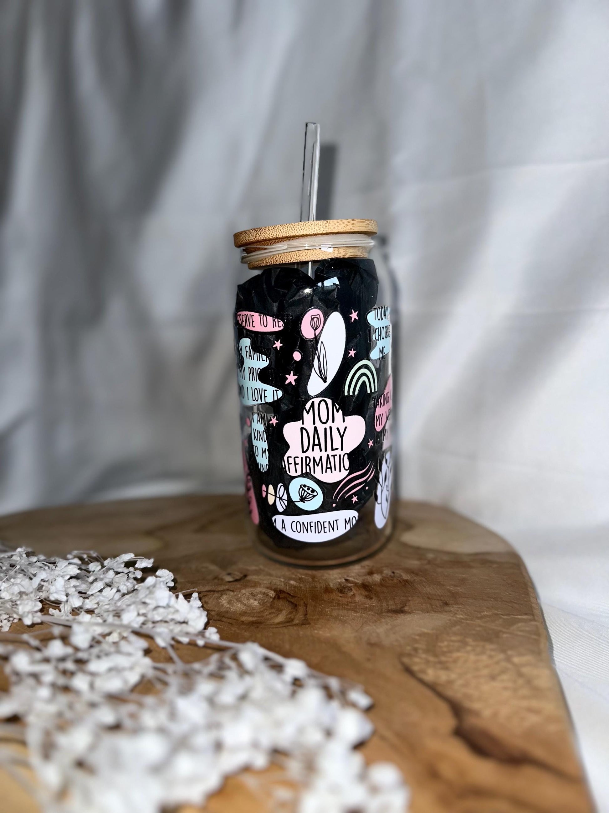 Mental Health Cup Tumbler Mom Affirmationen Trinkglas mit Bambusdeckel für Mamas Tumbler Mama Glas Geschenk 20oz Trinkglas mit Strohhalm