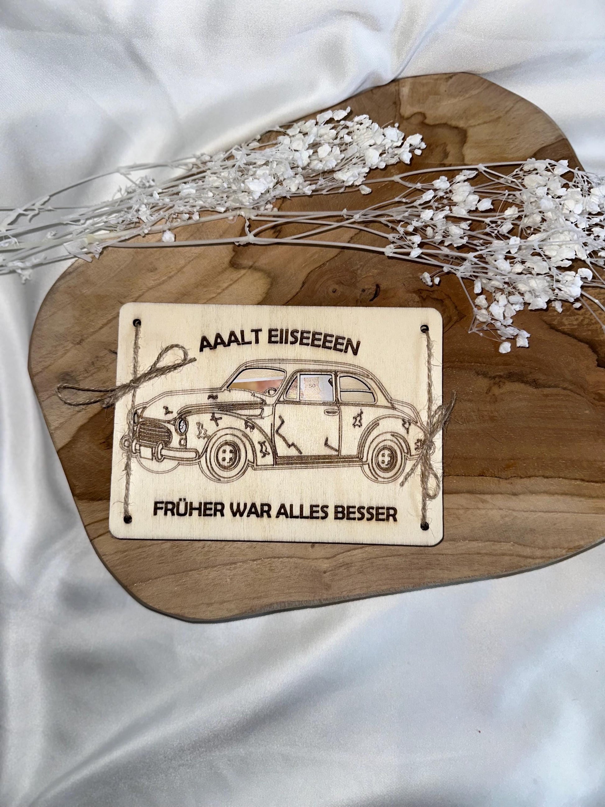 Geldgeschenk Alt Eisen Oldtimer Geldkarte Geburtstag Oldtimer Fan Karte aus Holz runder Geburtstag Geschenk Holz Geldgeschenk aus Holz
