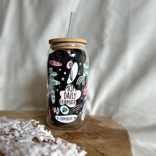 Mental Health Cup Tumbler Mom Affirmationen Trinkglas mit Bambusdeckel für Mamas Tumbler Mama Glas Geschenk 20oz Trinkglas mit Strohhalm