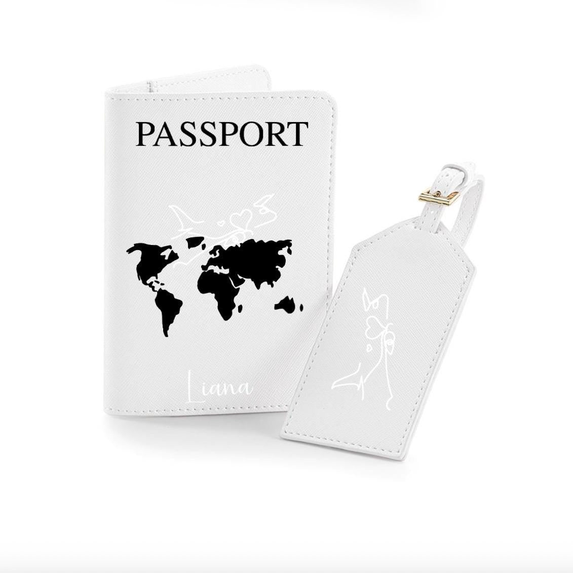 Personalisierte Reisepasshülle und Kofferanhänger mit Namen & Weltkarte Reise Geschenk Hochzeit Urlaub Honeymoon | JGA | Urlaub Accessoire