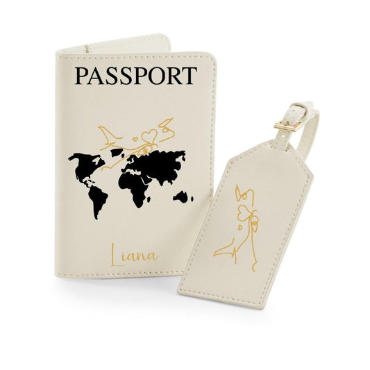Personalisierte Reisepasshülle und Kofferanhänger mit Namen & Weltkarte Reise Geschenk Hochzeit Urlaub Honeymoon | JGA | Urlaub Accessoire