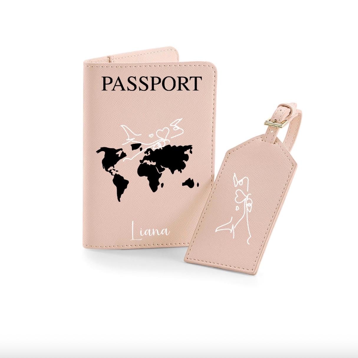 Personalisierte Reisepasshülle und Kofferanhänger mit Namen & Weltkarte Reise Geschenk Hochzeit Urlaub Honeymoon | JGA | Urlaub Accessoire