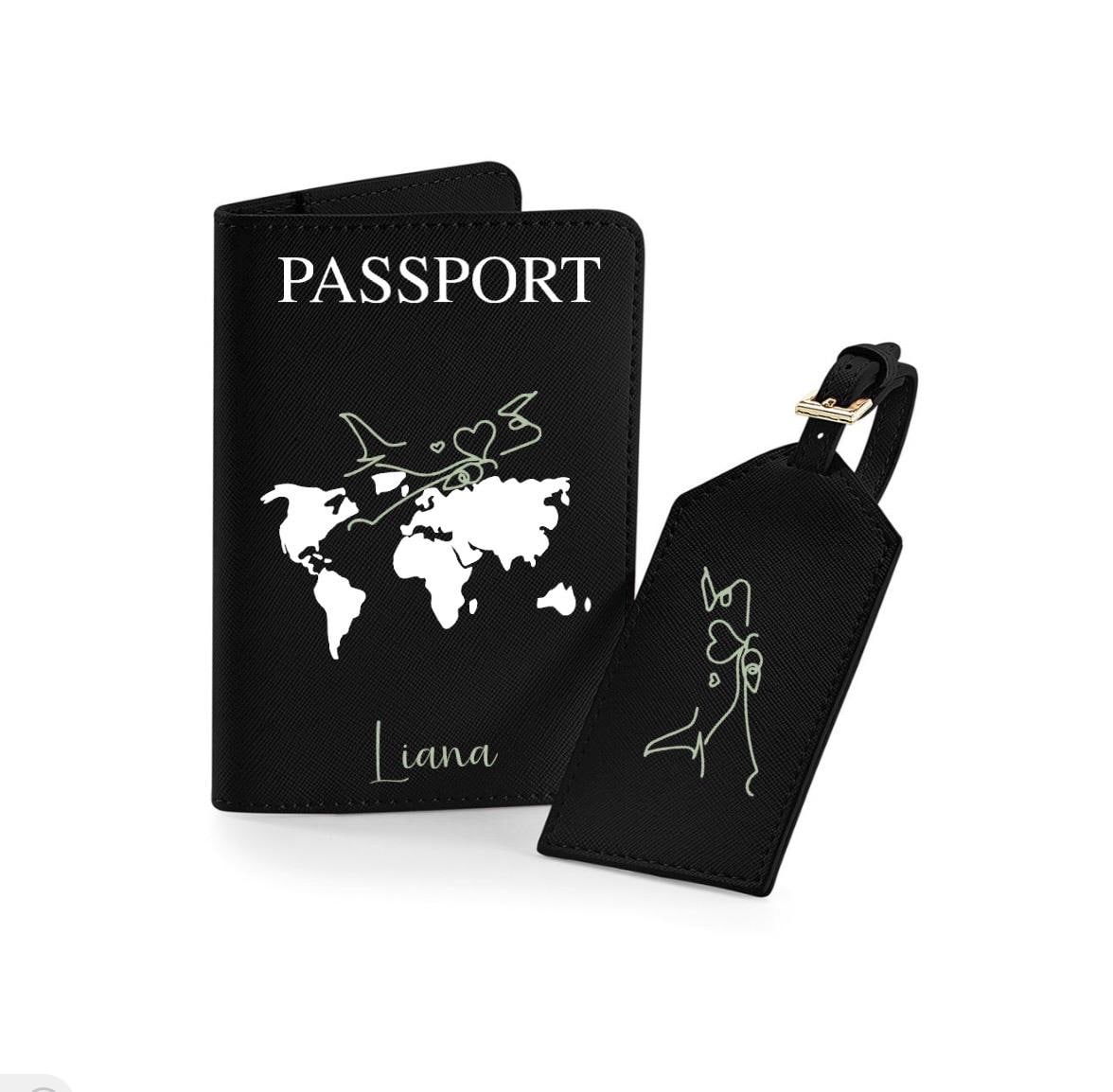 Personalisierte Reisepasshülle und Kofferanhänger mit Namen & Weltkarte Reise Geschenk Hochzeit Urlaub Honeymoon | JGA | Urlaub Accessoire