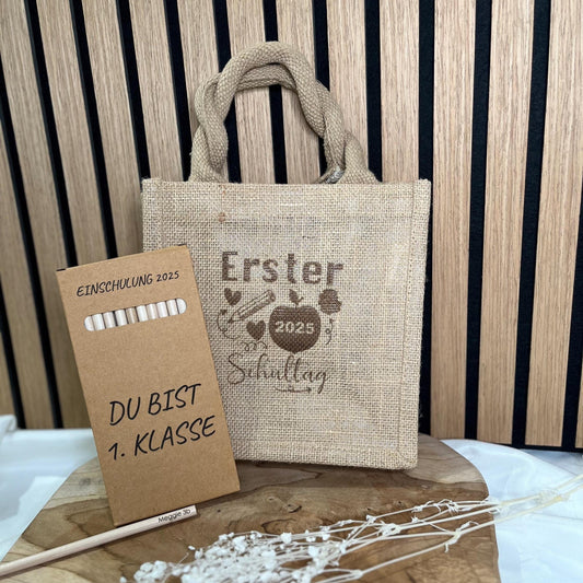 Einschulungsgeschenk Geschenk Einschulung Mädchen Geschenk Einschulung Junge Einschulung Geschenkverpackung Jute Personalisierte Buntstifte