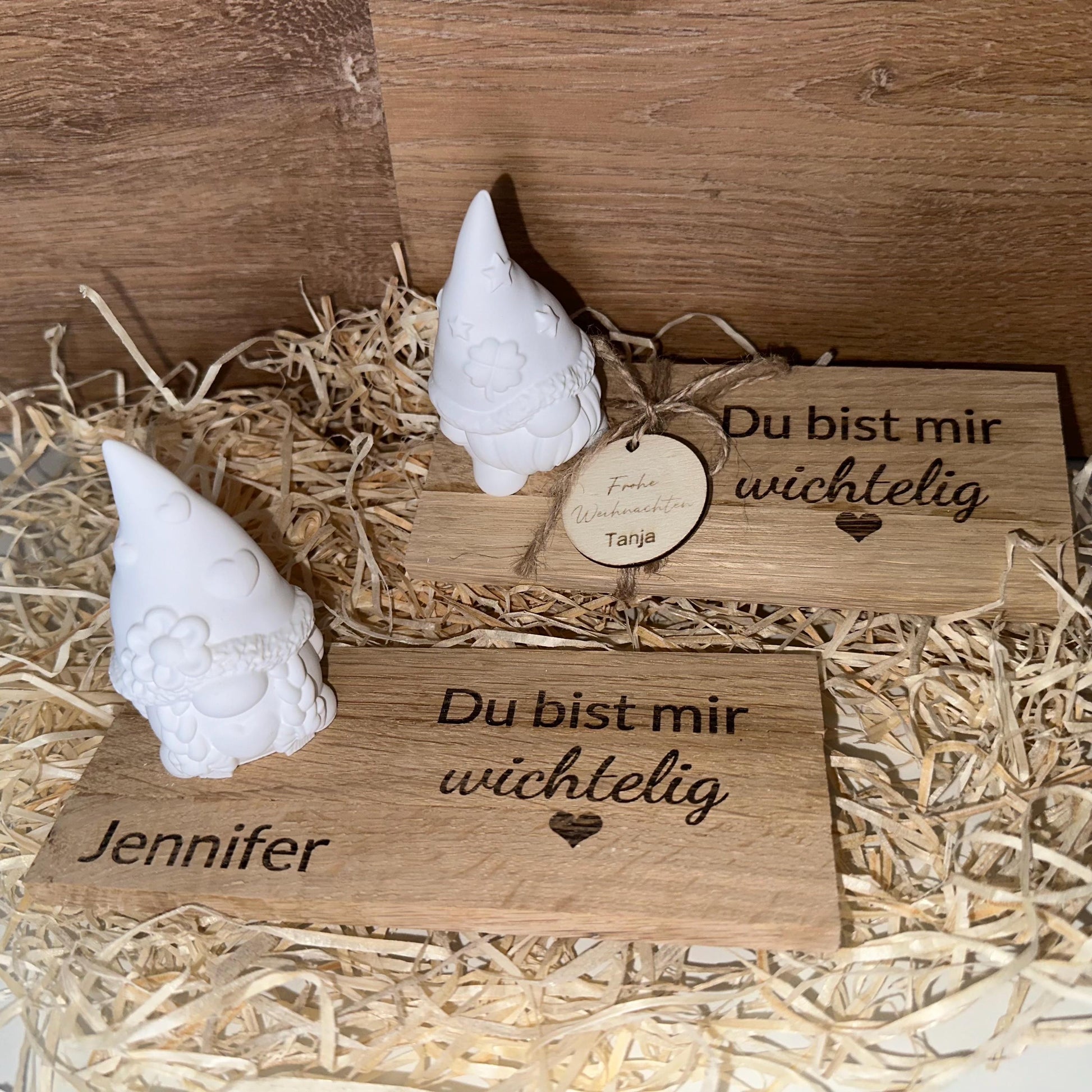 Wichtel aus Holz „Du bist mir wichtig“ | Graviertes Eichenholz mit Herz- oder Kleeblatt-Wichtel | Pesonalisiertes Geschenk