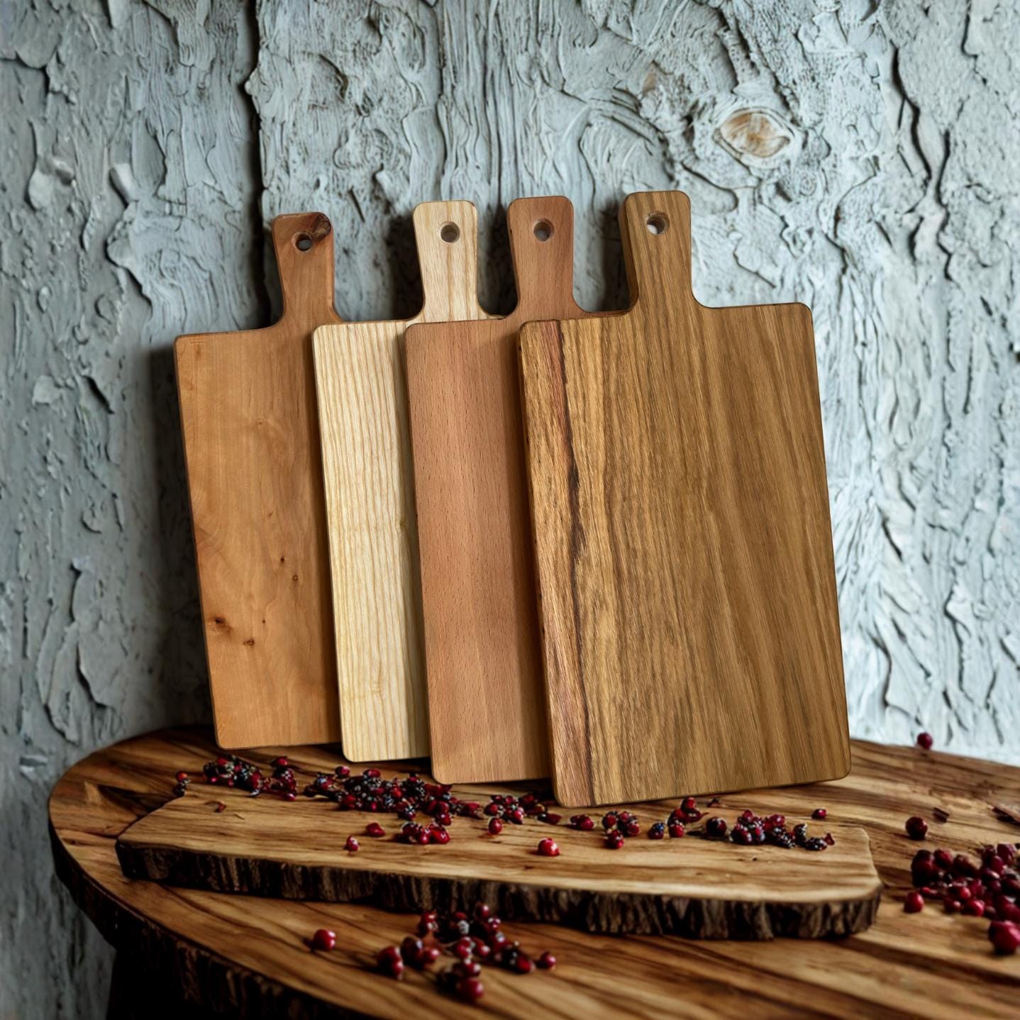 Personalisiertes Schneidebrett Eiche mit Griff & Kochlöffel | Geschenk Hochzeit, Einzug, Pärchen | Gravur „Gemeinsam Kochen Leben Glücklich“